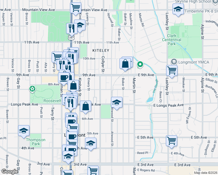 map of restaurants, bars, coffee shops, grocery stores, and more near in Longmont