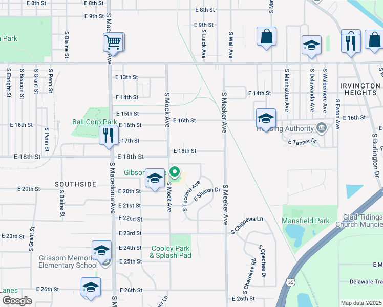 map of restaurants, bars, coffee shops, grocery stores, and more near 2205 East 18th Street in Muncie