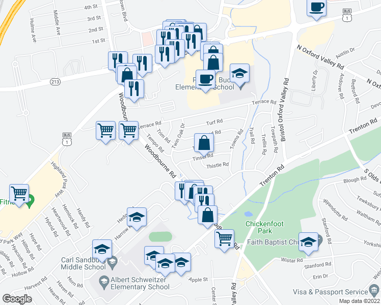 map of restaurants, bars, coffee shops, grocery stores, and more near 27 Tinder Road in Levittown