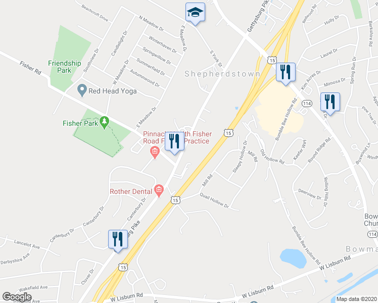 map of restaurants, bars, coffee shops, grocery stores, and more near 433 Gettysburg Pike in Mechanicsburg