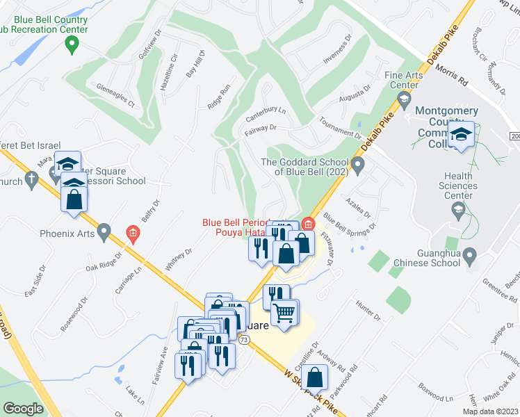 map of restaurants, bars, coffee shops, grocery stores, and more near 308 Centennial Drive in Blue Bell