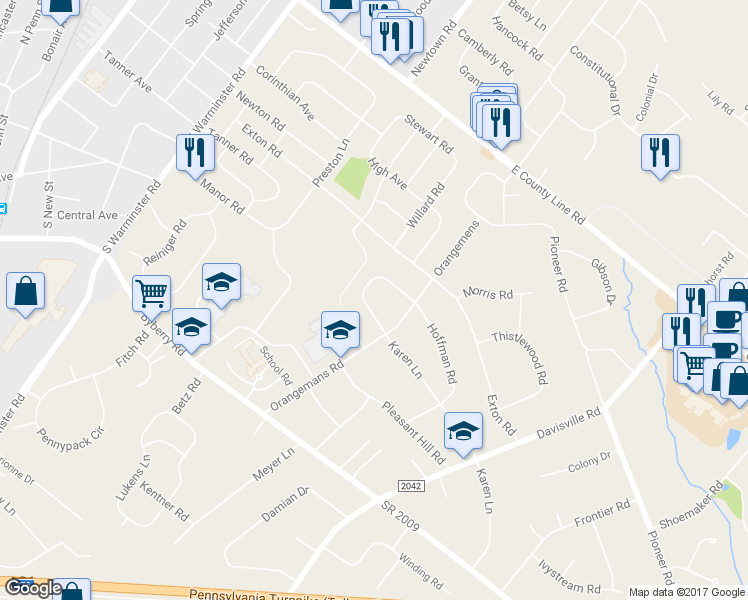 map of restaurants, bars, coffee shops, grocery stores, and more near 209 Silvestri Drive in Hatboro