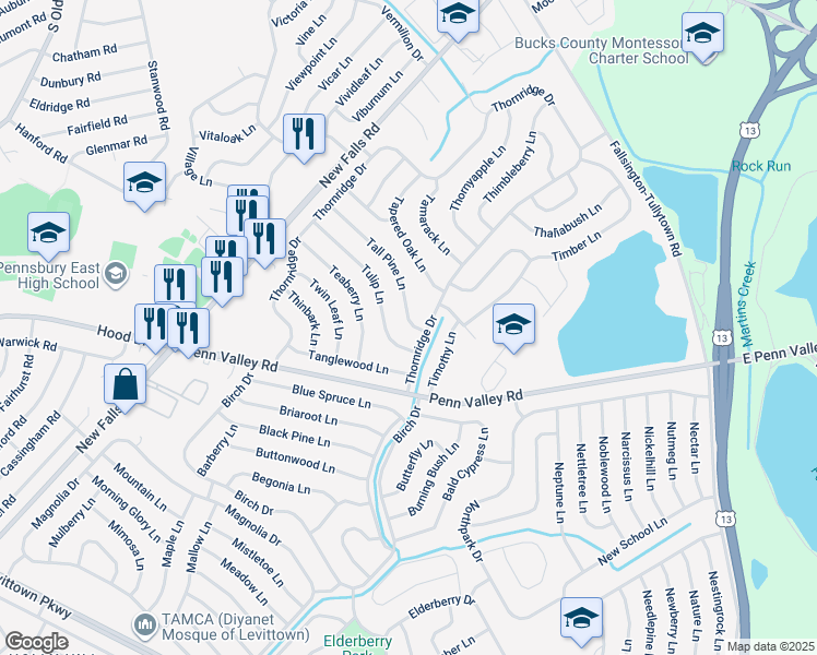 map of restaurants, bars, coffee shops, grocery stores, and more near 11 Tall Pine Lane in Levittown