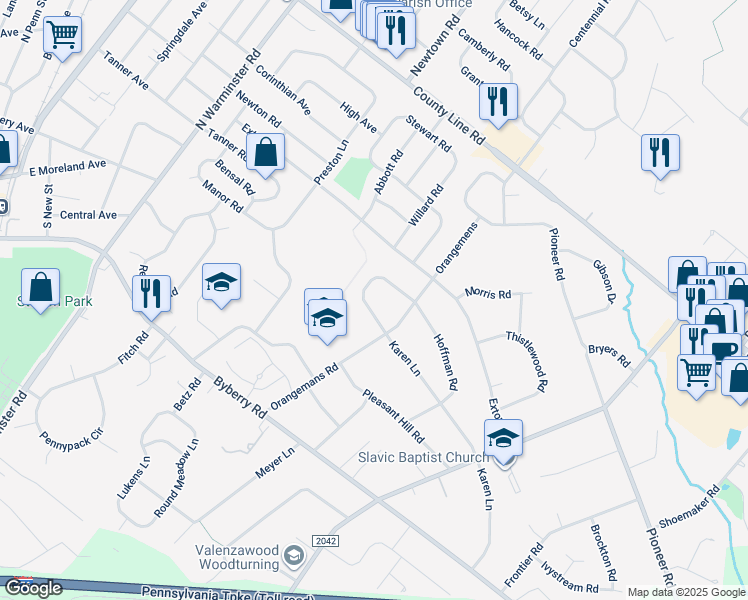 map of restaurants, bars, coffee shops, grocery stores, and more near 209 Silvestri Drive in Hatboro