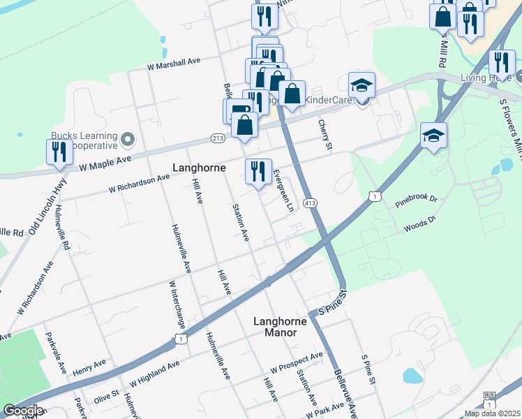 map of restaurants, bars, coffee shops, grocery stores, and more near 344 South Bellevue Avenue in Langhorne