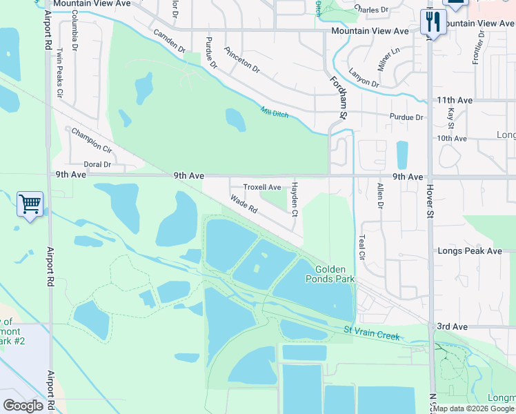 map of restaurants, bars, coffee shops, grocery stores, and more near 725 Dudley Lane in Longmont