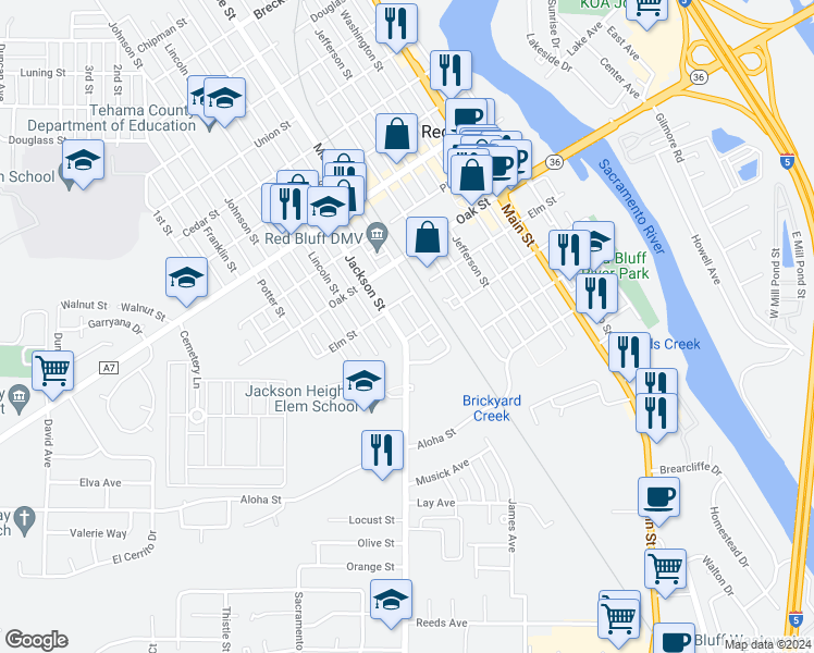 map of restaurants, bars, coffee shops, grocery stores, and more near 432 Jackson Street in Red Bluff