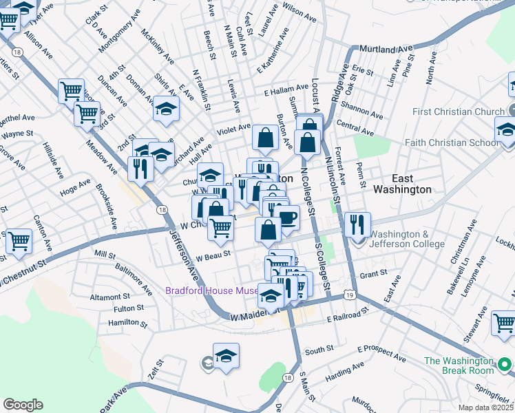map of restaurants, bars, coffee shops, grocery stores, and more near 21 West Spruce Street in Washington