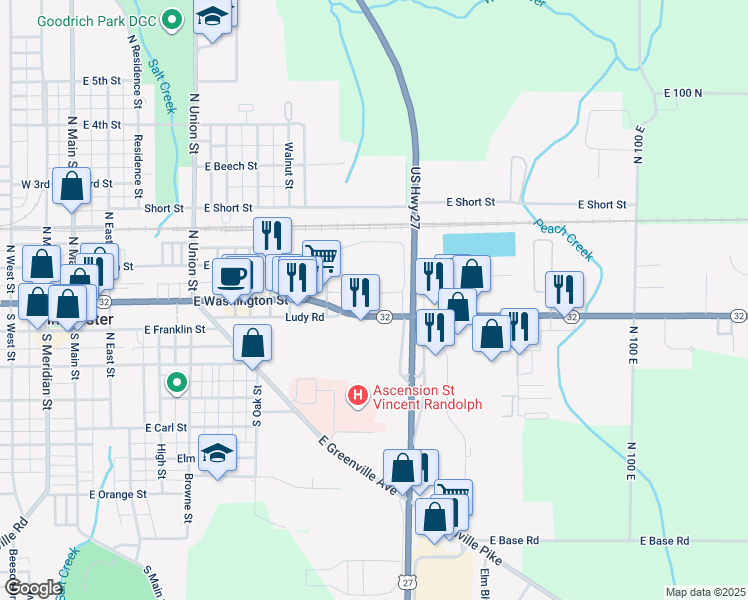 map of restaurants, bars, coffee shops, grocery stores, and more near 781 East Washington Street in Winchester