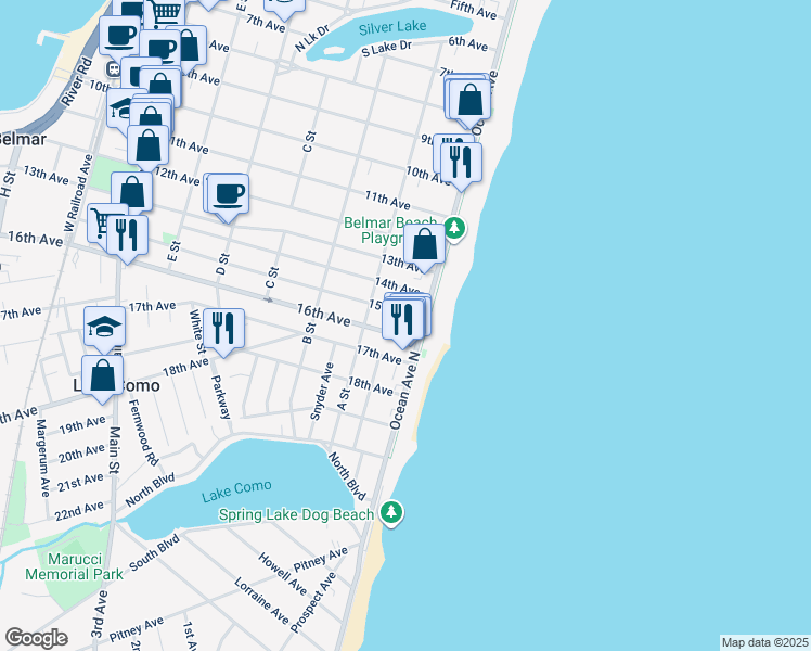 map of restaurants, bars, coffee shops, grocery stores, and more near 98 15th Avenue in Belmar