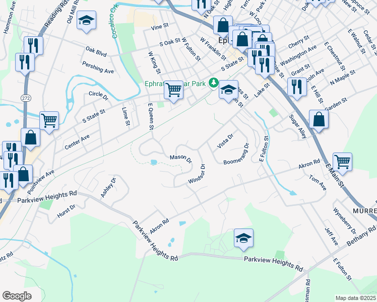 map of restaurants, bars, coffee shops, grocery stores, and more near 393 Lake Street in Ephrata