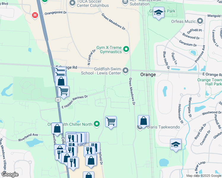 map of restaurants, bars, coffee shops, grocery stores, and more near 740 Hidden Springs Drive in Lewis Center