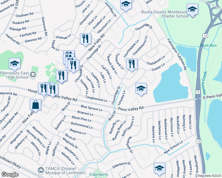 map of restaurants, bars, coffee shops, grocery stores, and more near 7 Tall Pine Lane in Levittown