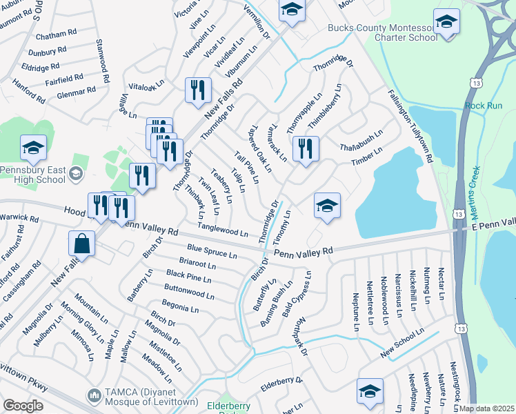 map of restaurants, bars, coffee shops, grocery stores, and more near 7 Tall Pine Lane in Levittown