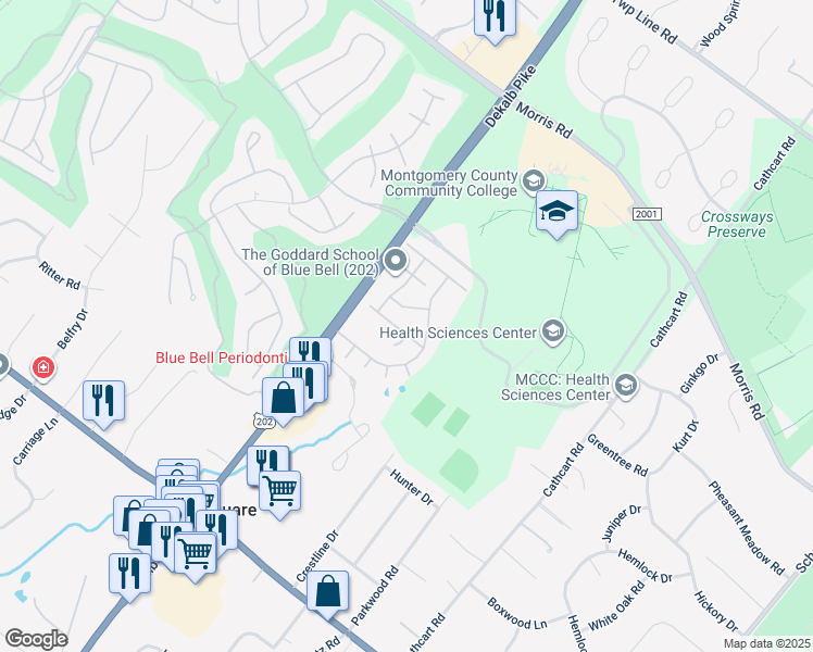 map of restaurants, bars, coffee shops, grocery stores, and more near 409 Azalea Drive in Blue Bell