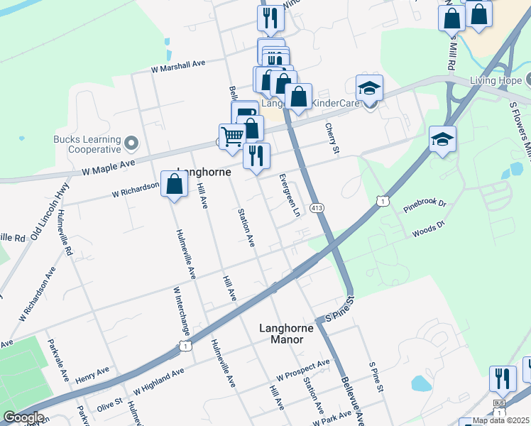 map of restaurants, bars, coffee shops, grocery stores, and more near 344 South Bellevue Avenue in Langhorne