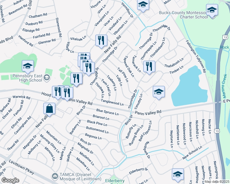 map of restaurants, bars, coffee shops, grocery stores, and more near 27 Teaberry Lane in Levittown