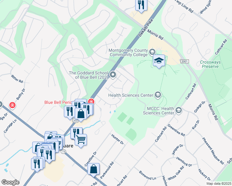 map of restaurants, bars, coffee shops, grocery stores, and more near 409 Azalea Drive in Blue Bell