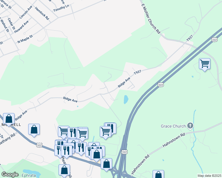 map of restaurants, bars, coffee shops, grocery stores, and more near 272 Ridge Avenue in Ephrata