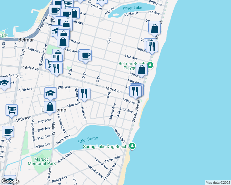 map of restaurants, bars, coffee shops, grocery stores, and more near 218 16th Avenue in Belmar
