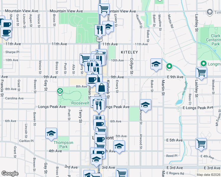map of restaurants, bars, coffee shops, grocery stores, and more near 804 Kimbark Street in Longmont