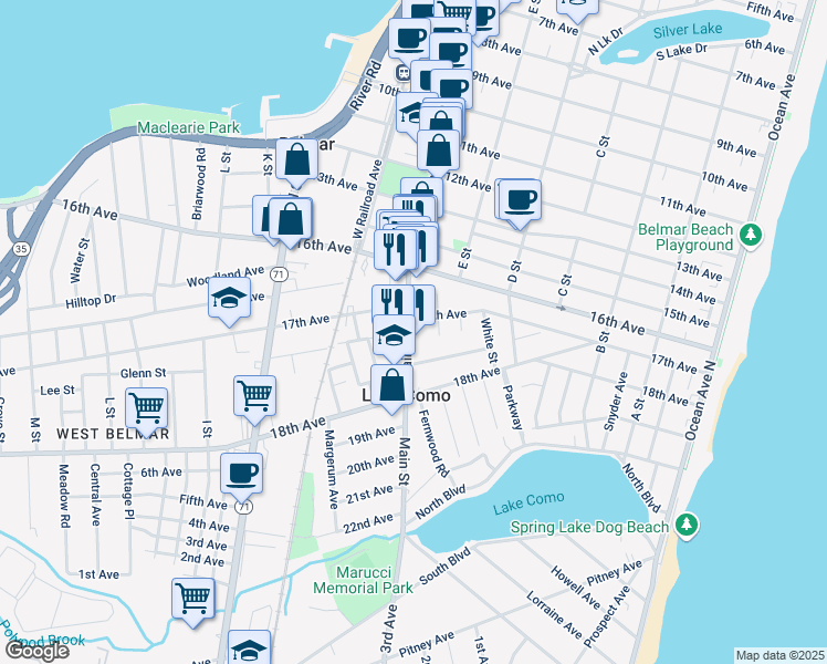 map of restaurants, bars, coffee shops, grocery stores, and more near 1701 E Street in Lake Como