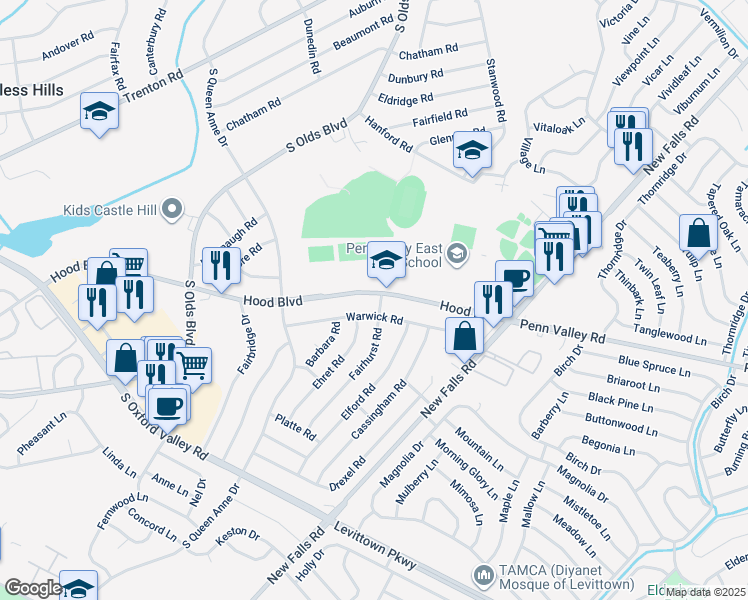 map of restaurants, bars, coffee shops, grocery stores, and more near 624 Hood Boulevard in Fairless Hills