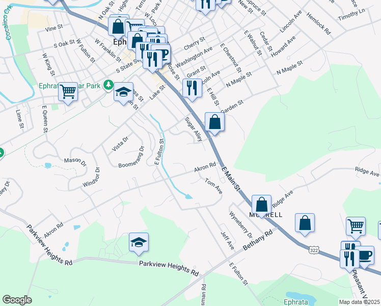 map of restaurants, bars, coffee shops, grocery stores, and more near 2 Michael Court in Ephrata
