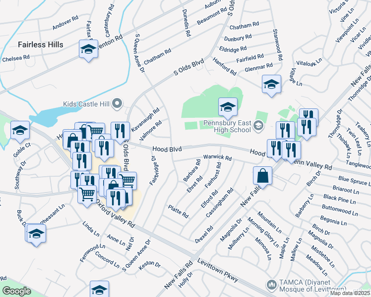 map of restaurants, bars, coffee shops, grocery stores, and more near 624 Hood Boulevard in Fairless Hills