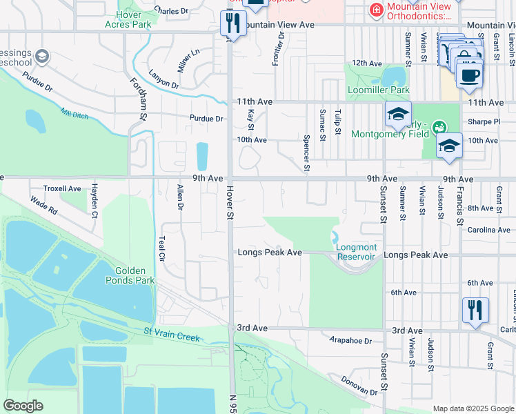 map of restaurants, bars, coffee shops, grocery stores, and more near 815 Hillside Court in Longmont