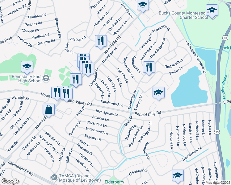 map of restaurants, bars, coffee shops, grocery stores, and more near 27 Teaberry Lane in Levittown