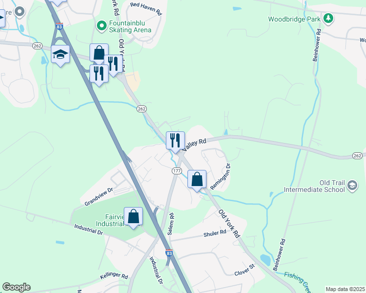 map of restaurants, bars, coffee shops, grocery stores, and more near 602 Old York Road in Etters