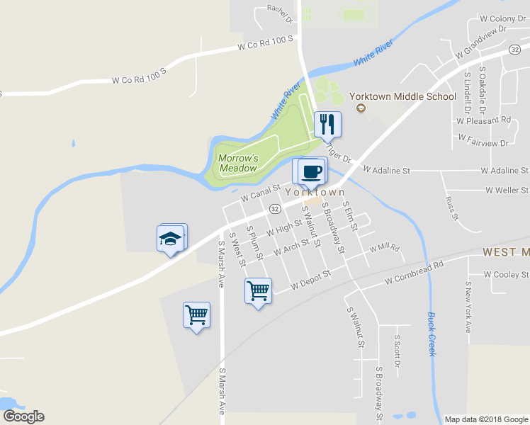 map of restaurants, bars, coffee shops, grocery stores, and more near West Smith Street in Yorktown