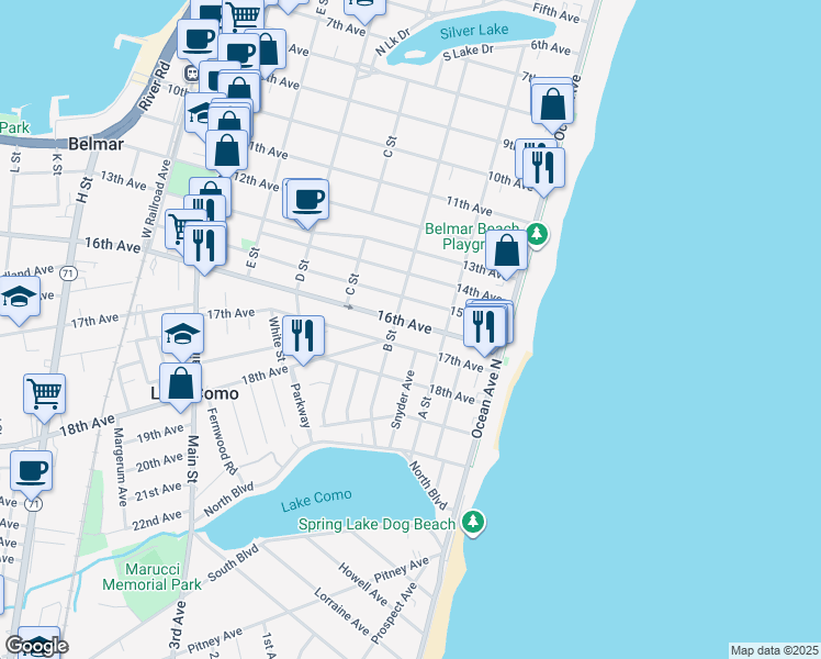 map of restaurants, bars, coffee shops, grocery stores, and more near 218 16th Avenue in Belmar