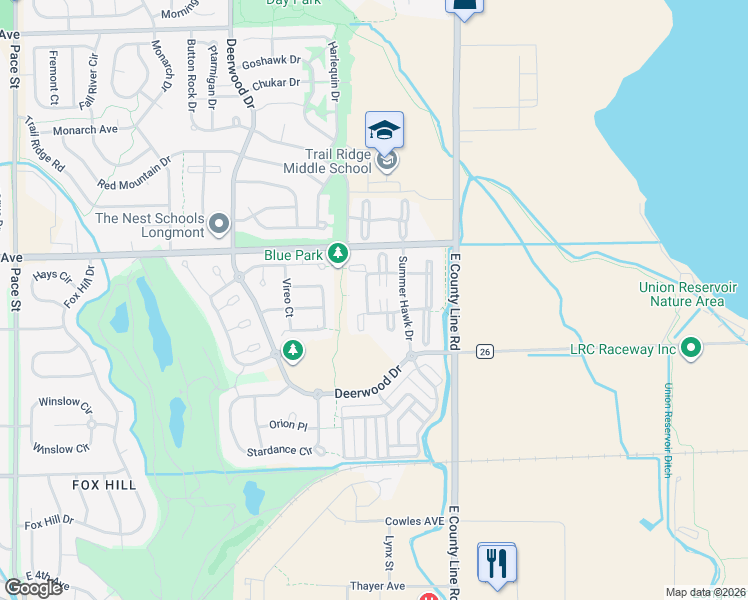 map of restaurants, bars, coffee shops, grocery stores, and more near Unnamed Road in Longmont
