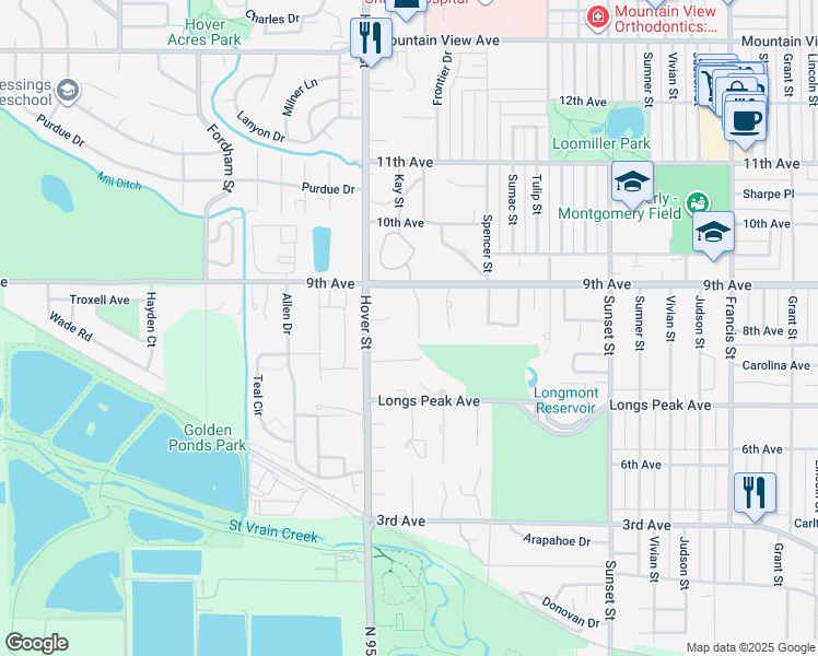 map of restaurants, bars, coffee shops, grocery stores, and more near 815 Hillside Court in Longmont
