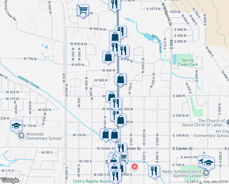 map of restaurants, bars, coffee shops, grocery stores, and more near 460 South State Street in Springville