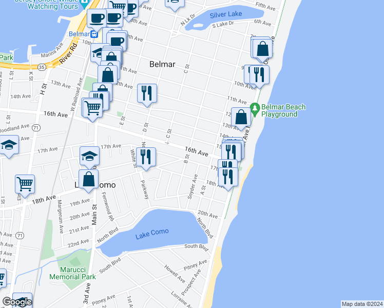 map of restaurants, bars, coffee shops, grocery stores, and more near 218 16th Avenue in Belmar