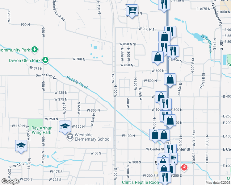 map of restaurants, bars, coffee shops, grocery stores, and more near 499 400 West in Springville