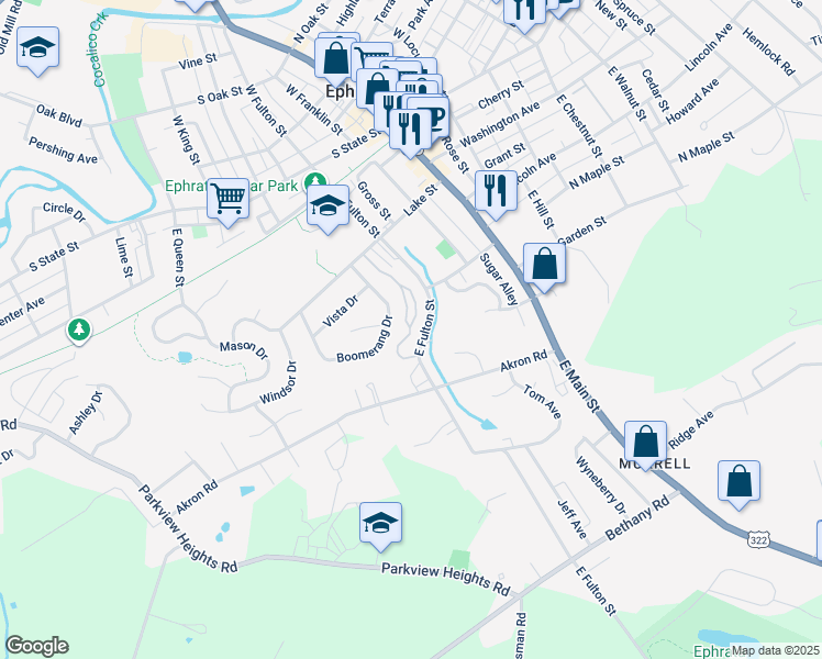 map of restaurants, bars, coffee shops, grocery stores, and more near 66 Westpointe Drive in Ephrata