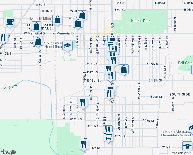 map of restaurants, bars, coffee shops, grocery stores, and more near 2415 South Jefferson Street in Muncie