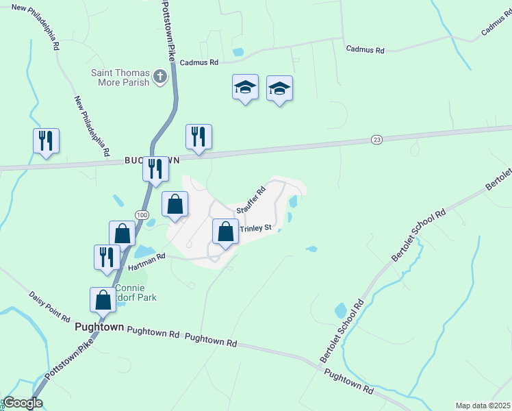 map of restaurants, bars, coffee shops, grocery stores, and more near 218 Stauffer Road in Pottstown