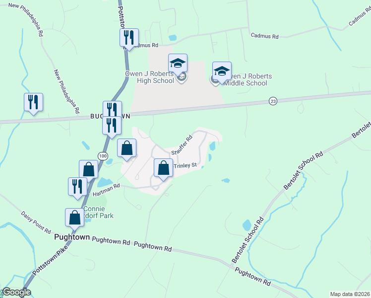 map of restaurants, bars, coffee shops, grocery stores, and more near 133 Trinley Street in Pottstown
