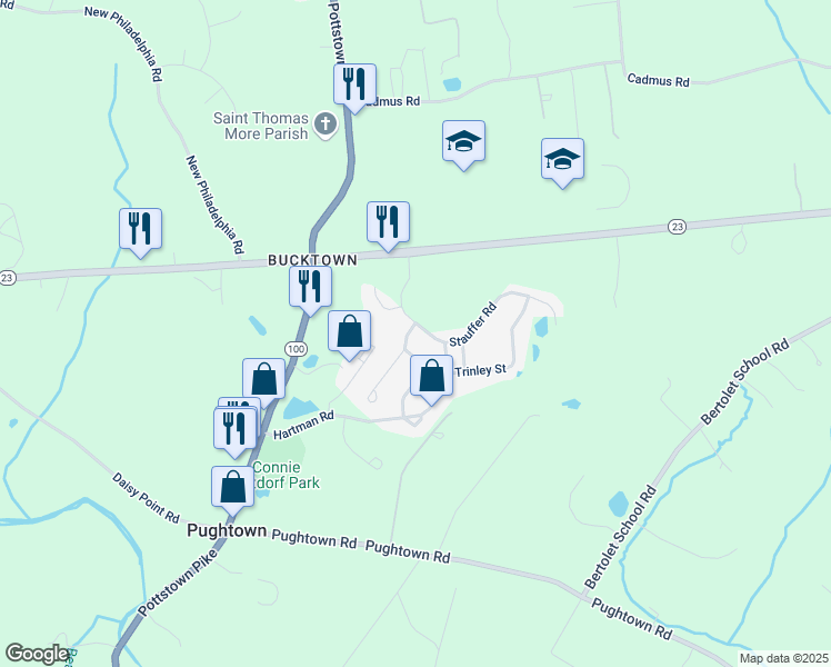 map of restaurants, bars, coffee shops, grocery stores, and more near 202 Stauffer Road in Pottstown