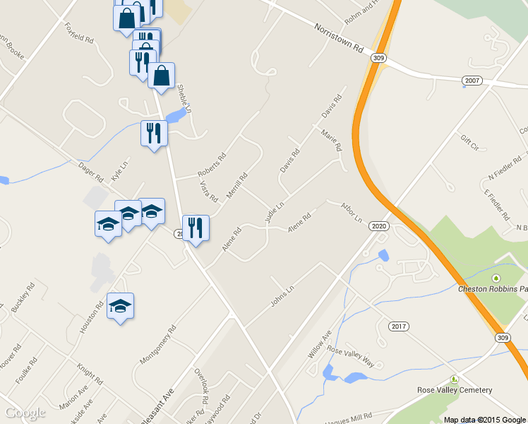 map of restaurants, bars, coffee shops, grocery stores, and more near 805 Judie Lane in Ambler