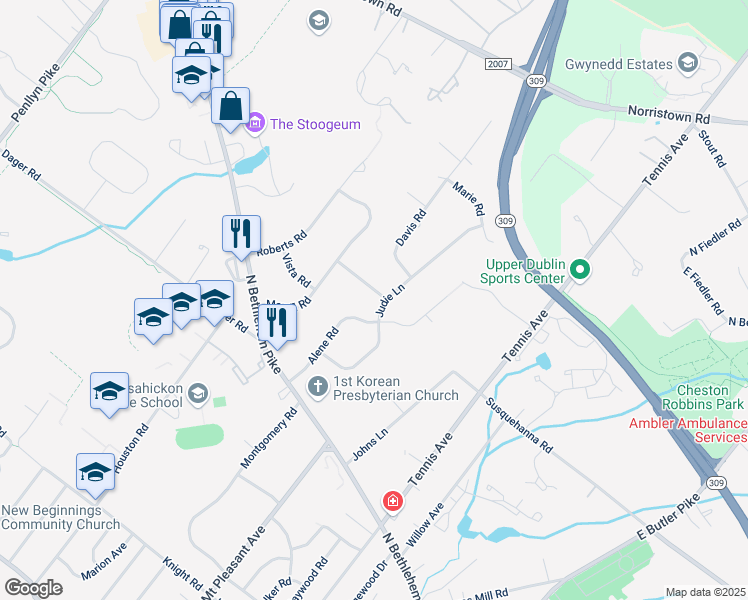 map of restaurants, bars, coffee shops, grocery stores, and more near 805 Judie Lane in Ambler