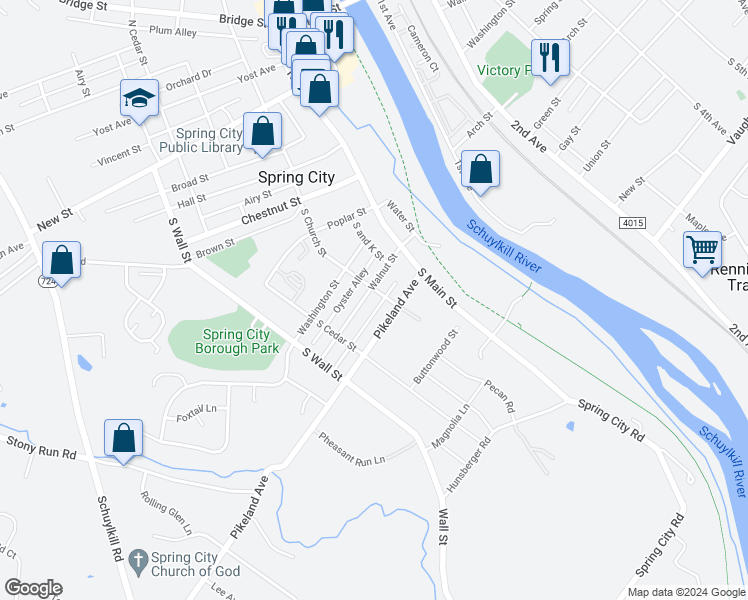 map of restaurants, bars, coffee shops, grocery stores, and more near 208 Walnut Street in Spring City