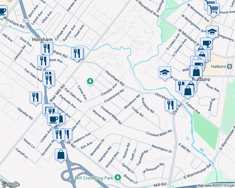 map of restaurants, bars, coffee shops, grocery stores, and more near 432 Continental Road in Hatboro