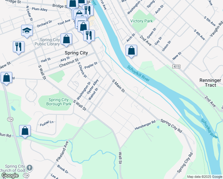 map of restaurants, bars, coffee shops, grocery stores, and more near 128 Pikeland Avenue in Spring City