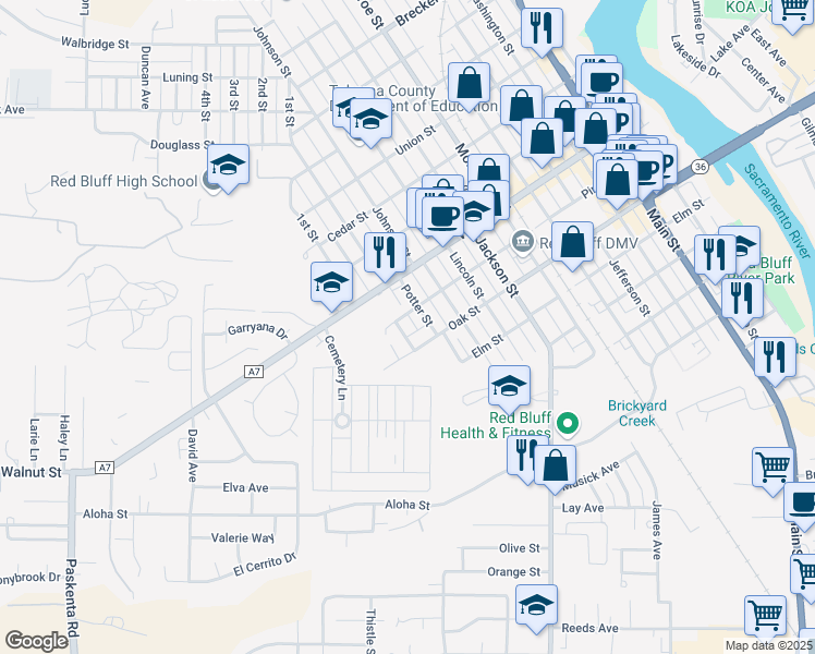 map of restaurants, bars, coffee shops, grocery stores, and more near 644 Cowles Avenue in Red Bluff